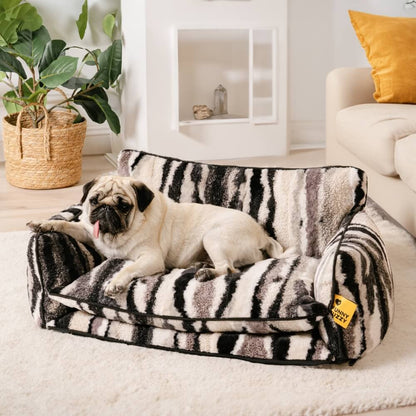Plush Pet Couch with Washable Cover - Dual-Layer Cushioned Lounger for Dogs & Cats - Striped Fleece Nap Spot