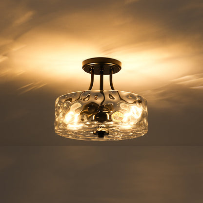 Textured Glass Semi-Flush Ceiling Light 12 Inch Round Drum for Bedrooms Bathrooms Hallways Entryways Compact Spaces Two Bulb Metal Frame Mod