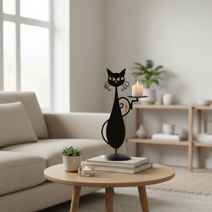 Black Cat-Shaped Candlestick Holder – Decorative Metal Candle Holder, Ideal for Small Candles