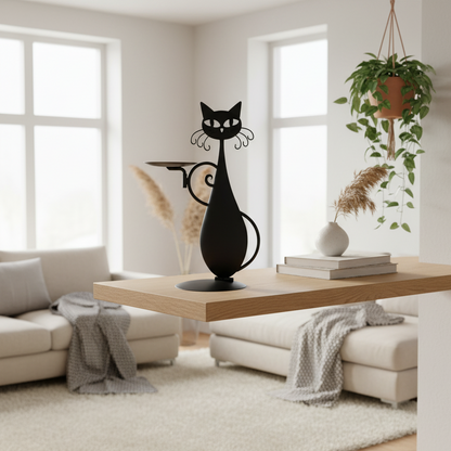 Black Cat-Shaped Candlestick Holder – Decorative Metal Candle Holder, Ideal for Small Candles