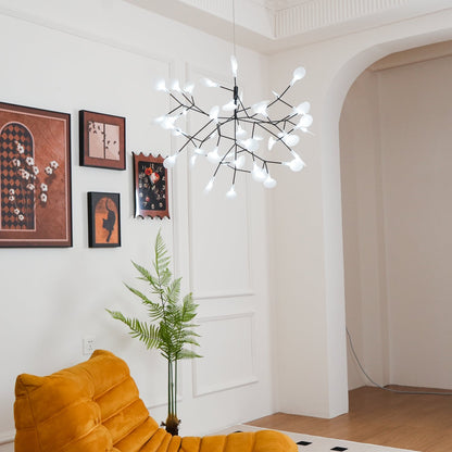 Branching LED Chandelier with Acrylic Petals Black Finish 20W Integrated Light Dimmable Remote Option Modern Statement Fixture Indoor Living