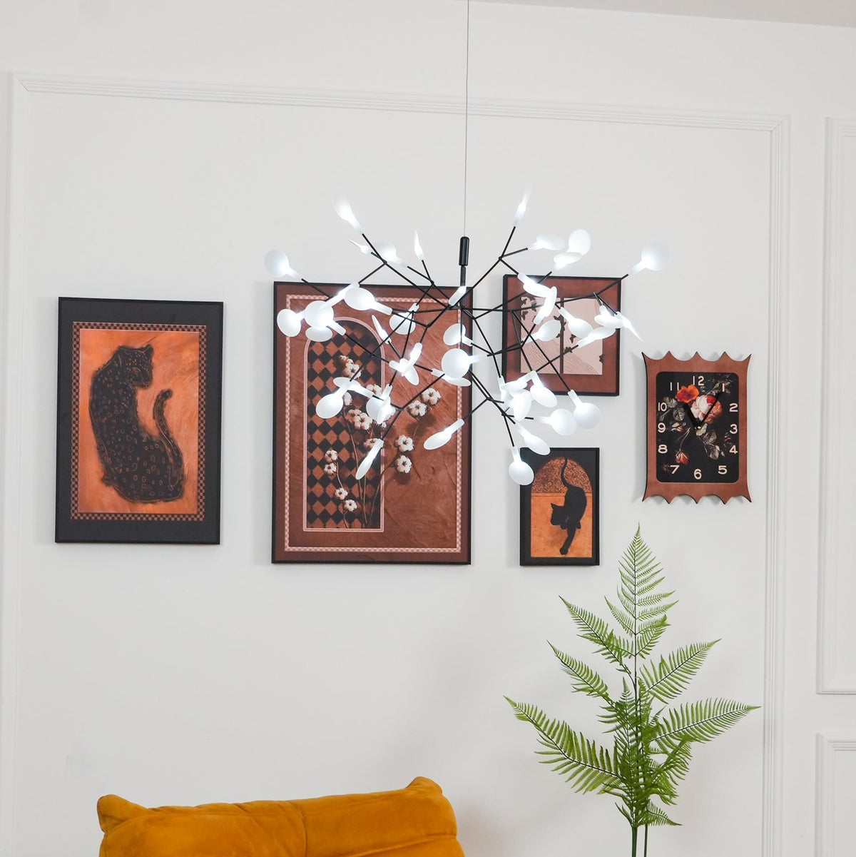 Branching LED Chandelier with Acrylic Petals Black Finish 20W Integrated Light Dimmable Remote Option Modern Statement Fixture Indoor Living