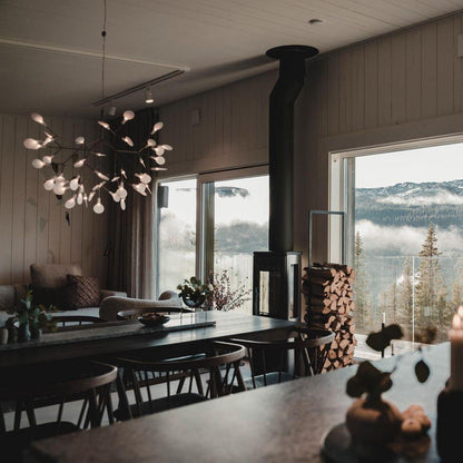 Branching LED Chandelier with Acrylic Petals Black Finish 20W Integrated Light Dimmable Remote Option Modern Statement Fixture Indoor Living