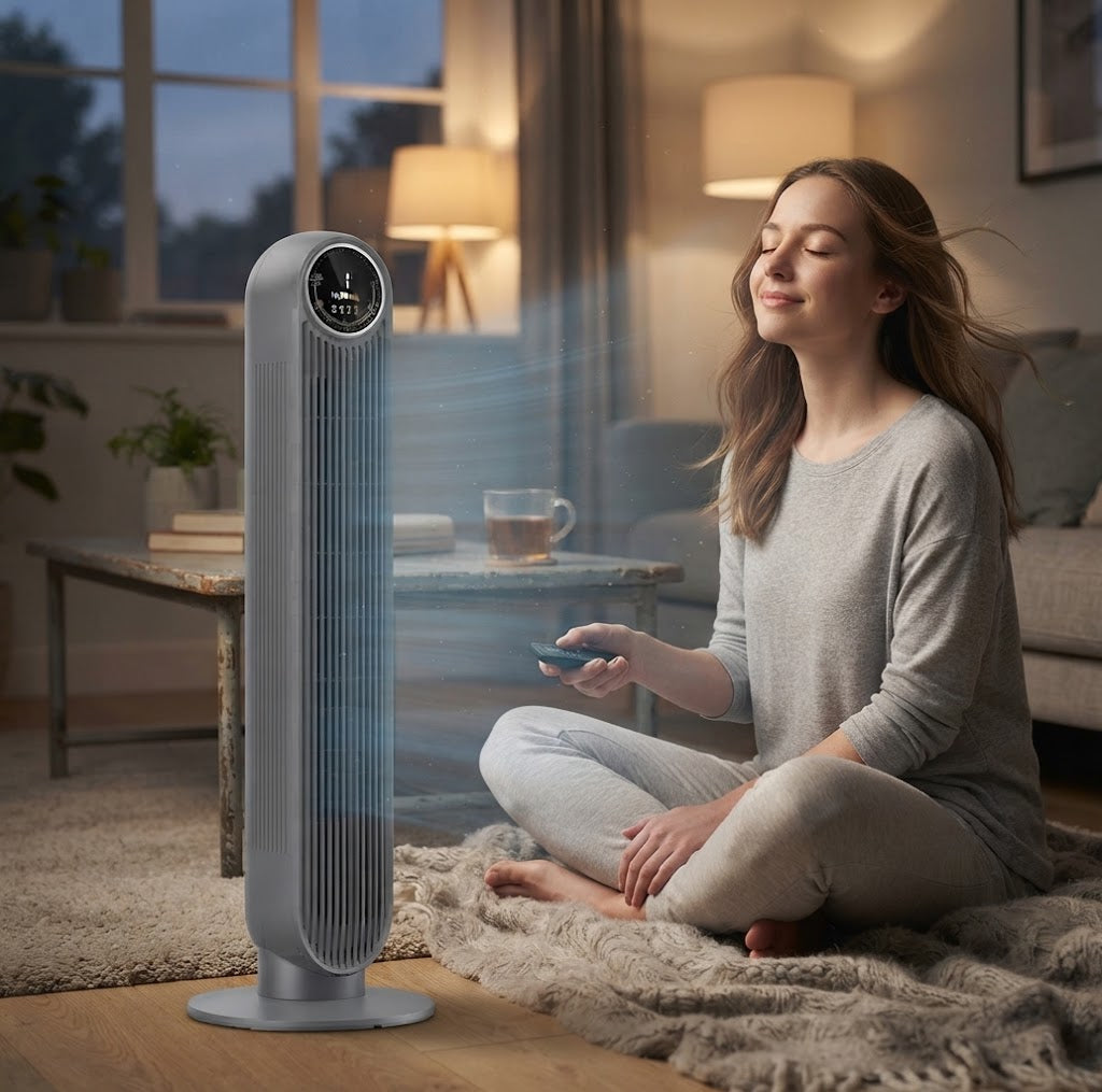 AirFlowMax | Bladeless Tower Fan with 8 Speed Options & 4 Modes | Whisper-Quiet Operation for Peaceful Living