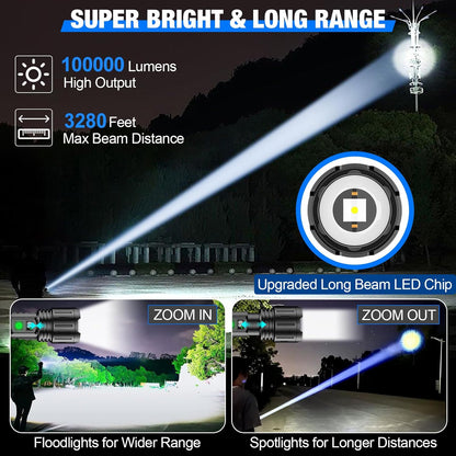 Rechargeable Flashlights 100,000 Lumens Tactical, LED Flashlight with Power Bank and Type C Charging, Lightweight Torch