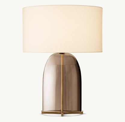 Amber Glass Table Lamp with Oval Linen Shade | Mid-Century Modern Lighting for Bedroom Living Room Nightstand | Handcrafted Flame-Polished
