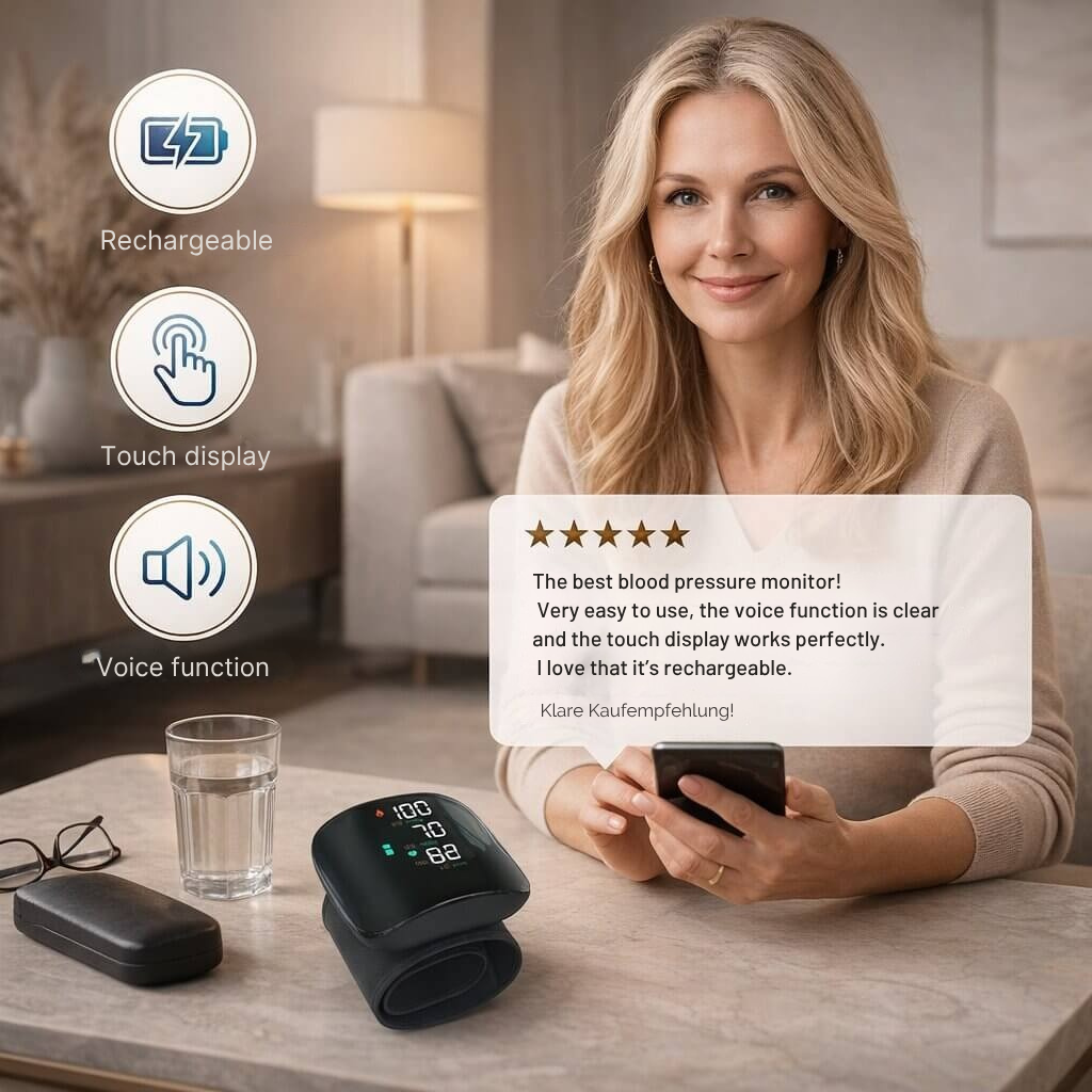 Rechargeable Wrist Blood Pressure Monitor with Voice Readout and Touch Screen for Home Health Tracking