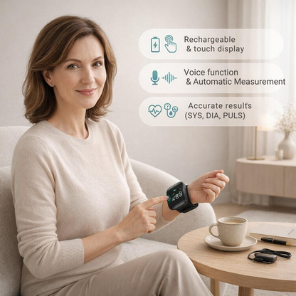 Rechargeable Wrist Blood Pressure Monitor with Voice Readout and Touch Screen for Home Health Tracking