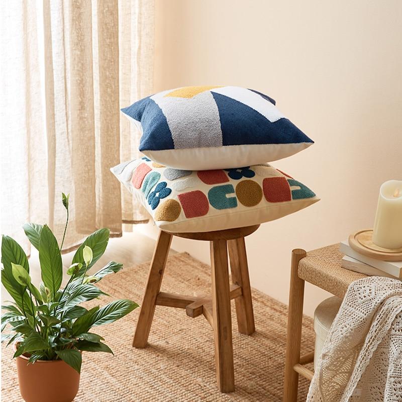 Boho Throw Pillow with Abstract Embroidery – Soft Decorative Cushion in Earth Tones