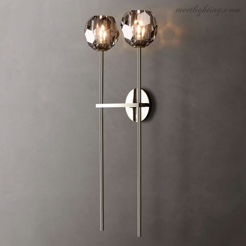 Crystal Globe Double Sconce Wall Light in Brass or Nickel – Two-Bulb Fixture for Living Room & Hallway