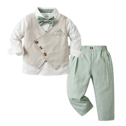 Boys Formal 3-Piece Suit Set with Shirt, Vest, Pants & Bow Tie for Weddings, Parties, Special Occasions | Toddler Kids Dress Outfit