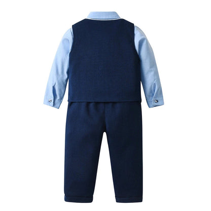 Boys Formal Outfit 3-Piece Set with Shirt Vest Pants Bow Tie Navy Light Blue for Weddings Parties Special Occasions Toddler Kids
