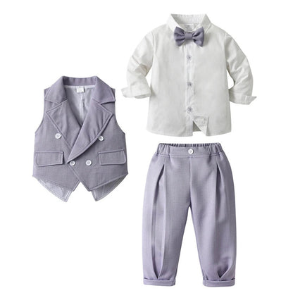 Boys Formal Outfit 3-Piece Set with Shirt Vest Pants Bow Tie Navy Light Blue for Weddings Parties Special Occasions Toddler Kids