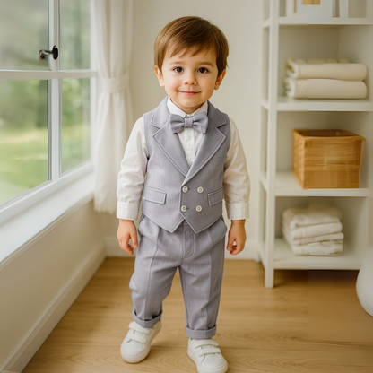 Boys Formal 3-Piece Suit Set with Shirt, Vest, Pants & Bow Tie for Weddings, Parties, Special Occasions | Toddler Kids Dress Outfit