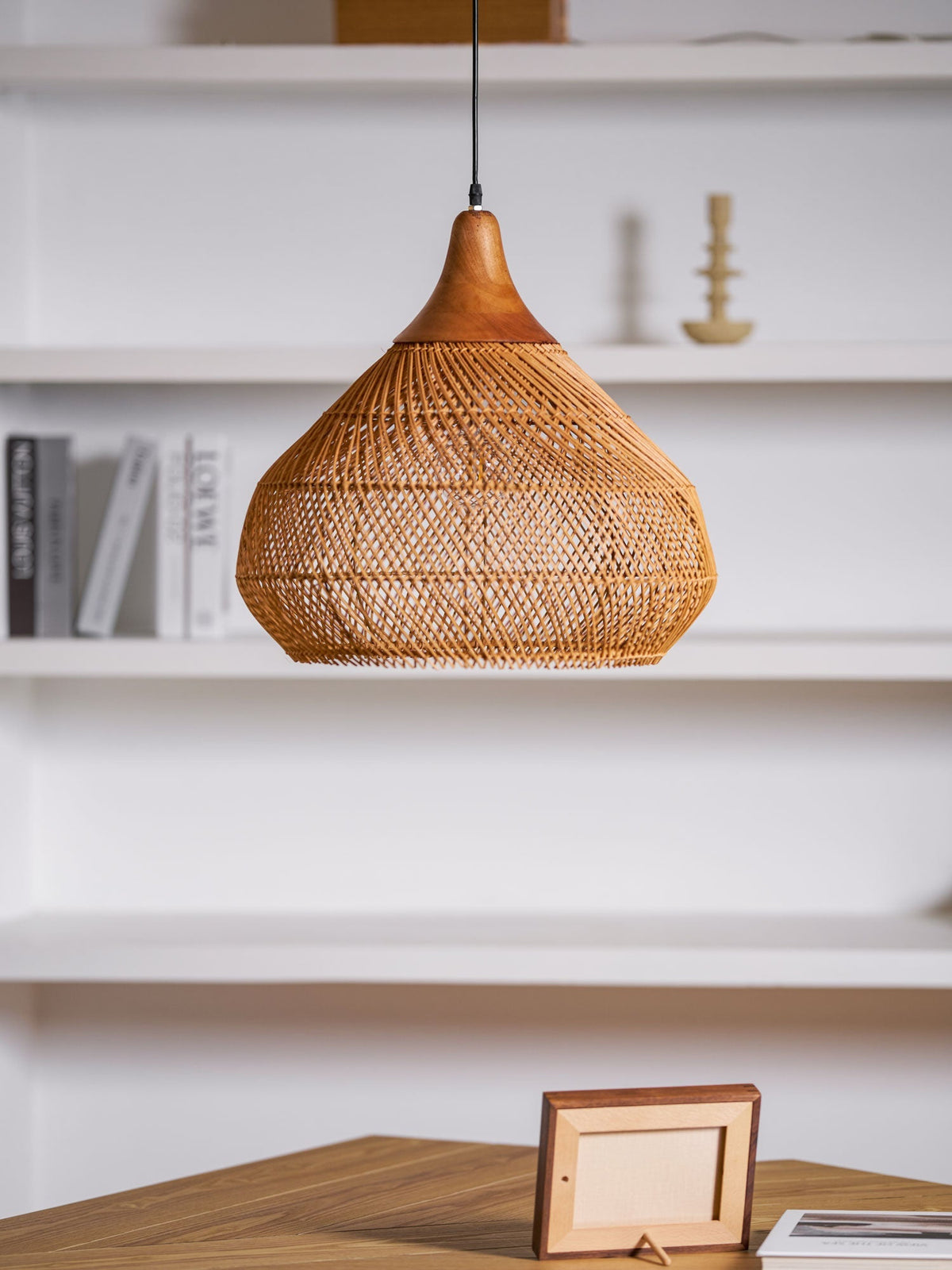 Handwoven Rattan Ceiling Light Fixture for Dining Room and Kitchen Island Over Table Adjustable Drop Natural Fiber Pendant Shade Wood Metal