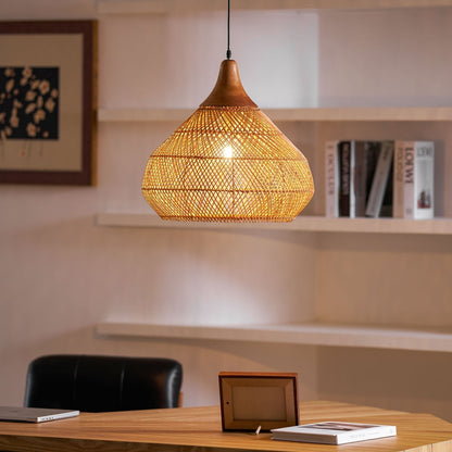 Handwoven Rattan Ceiling Light Fixture for Dining Room and Kitchen Island Over Table Adjustable Drop Natural Fiber Pendant Shade Wood Metal