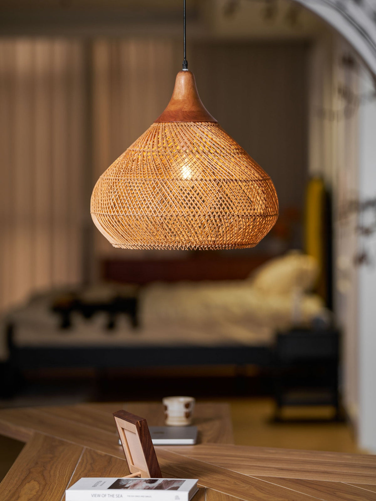 Handwoven Rattan Ceiling Light Fixture for Dining Room and Kitchen Island Over Table Adjustable Drop Natural Fiber Pendant Shade Wood Metal