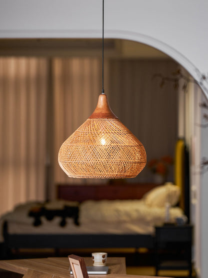 Handwoven Rattan Ceiling Light Fixture for Dining Room and Kitchen Island Over Table Adjustable Drop Natural Fiber Pendant Shade Wood Metal