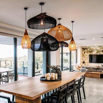 Handwoven Rattan Ceiling Light Fixture for Dining Room and Kitchen Island Over Table Adjustable Drop Natural Fiber Pendant Shade Wood Metal