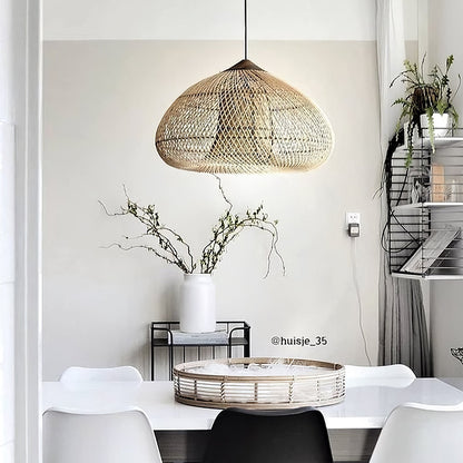 Handwoven Rattan Ceiling Light Fixture for Dining Room and Kitchen Island Over Table Adjustable Drop Natural Fiber Pendant Shade Wood Metal