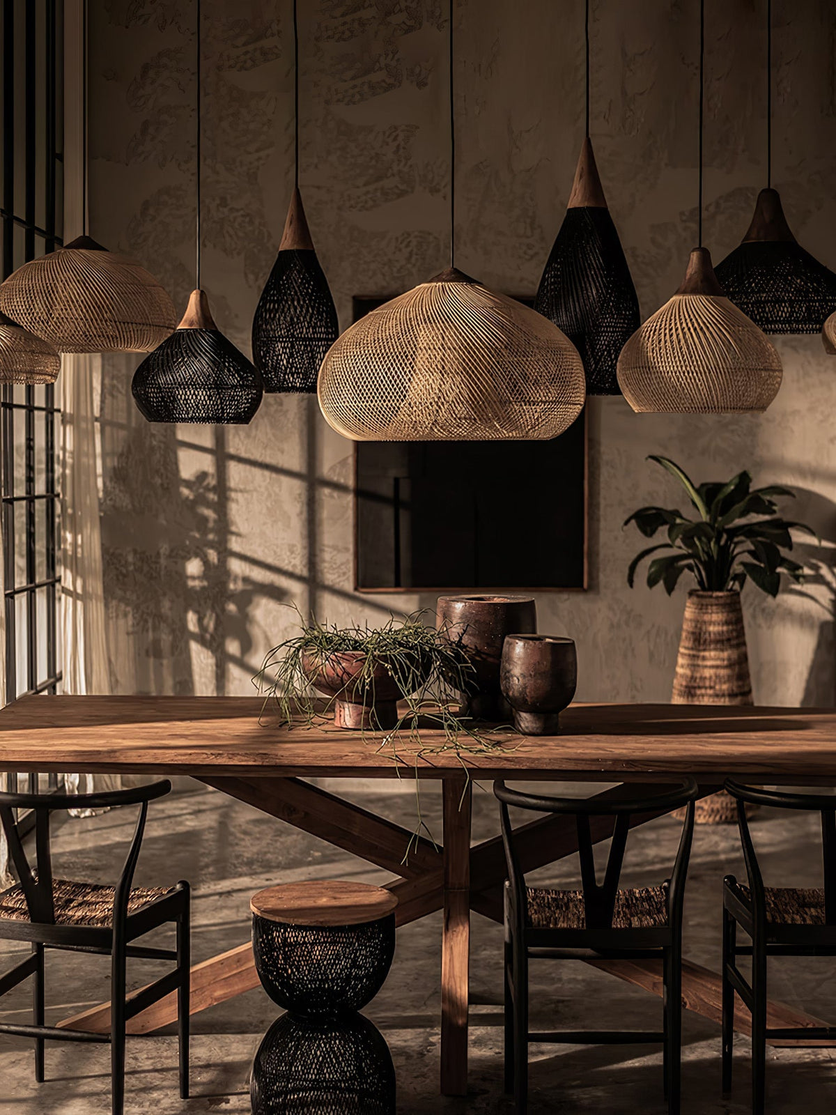 Handwoven Rattan Ceiling Light Fixture for Dining Room and Kitchen Island Over Table Adjustable Drop Natural Fiber Pendant Shade Wood Metal