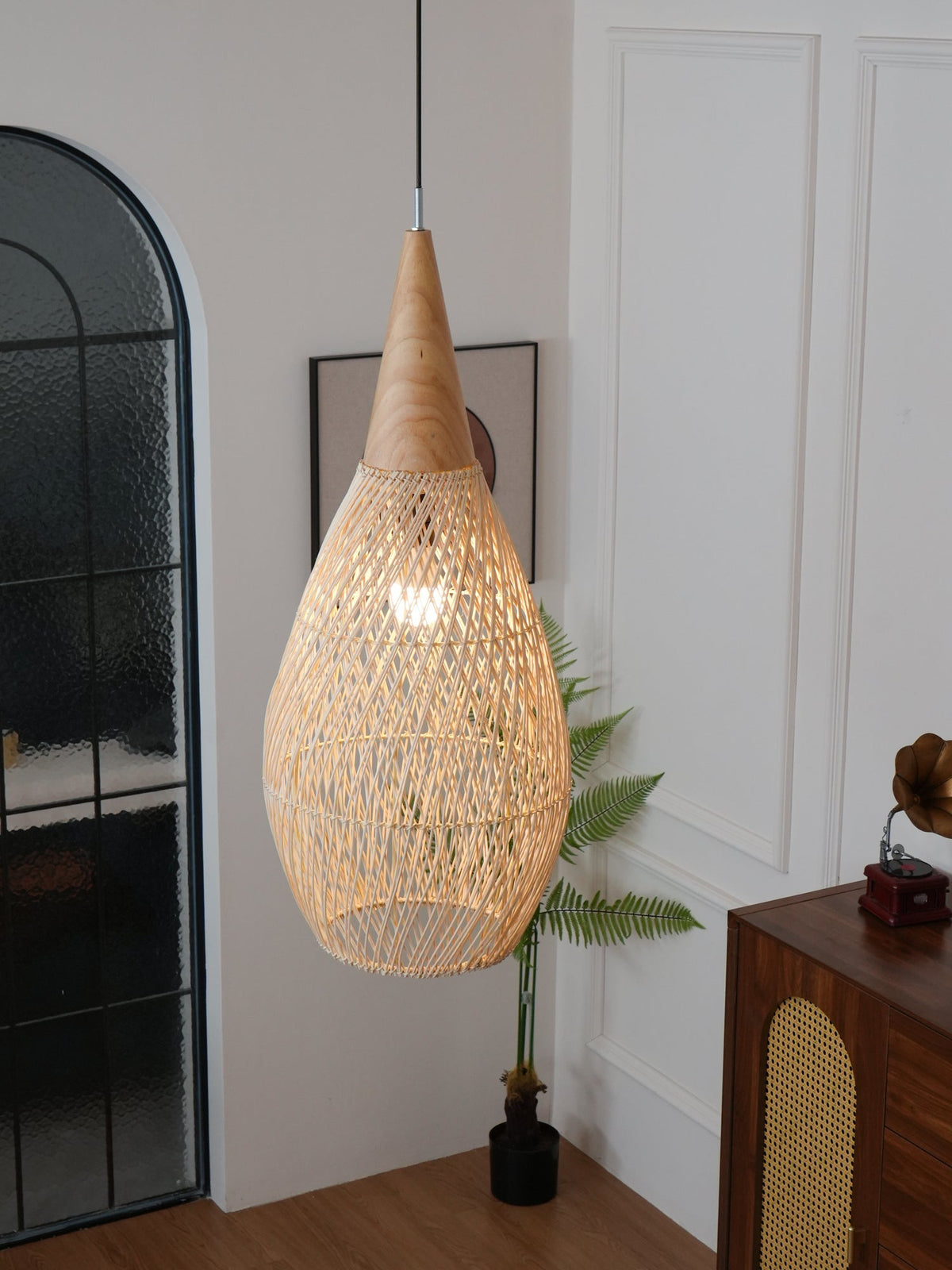 Handwoven Rattan Ceiling Light Fixture for Dining Room and Kitchen Island Over Table Adjustable Drop Natural Fiber Pendant Shade Wood Metal