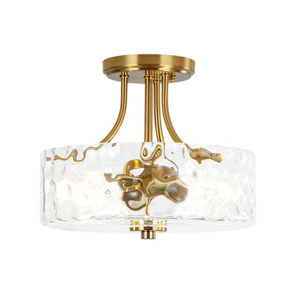 Textured Glass Semi-Flush Ceiling Light 12 Inch Round Drum for Bedrooms Bathrooms Hallways Entryways Compact Spaces Two Bulb Metal Frame Mod