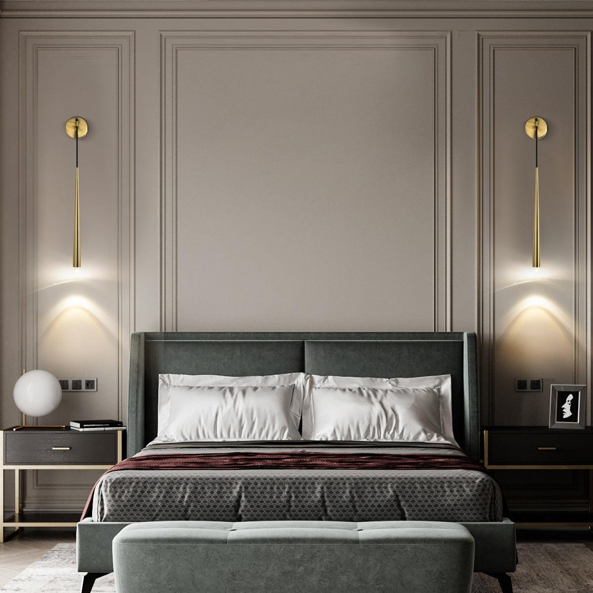 Conical LED Wall Sconce Brass 15 in Vertical Reading Light Bedside Hallway Lighting Modern Minimal Metal Mount Bedroom Accent