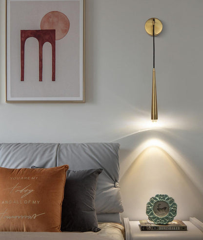 Conical LED Wall Sconce Brass 15 in Vertical Reading Light Bedside Hallway Lighting Modern Minimal Metal Mount Bedroom Accent