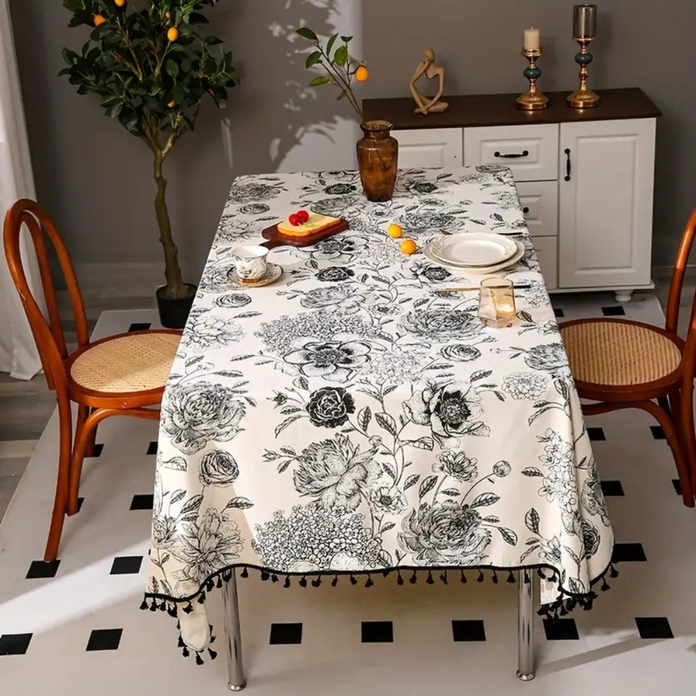 Brielle Custom Tablecloth - Cotton Polyester Blend, Floral Tassels