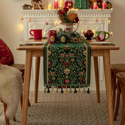 Trenora Christmas Table Runner - Botanical Pattern, Polyester Blend with Decorative Tassels
