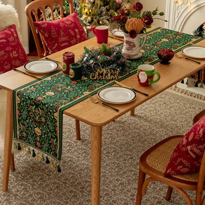 Trenora Christmas Table Runner - Botanical Pattern, Polyester Blend with Decorative Tassels