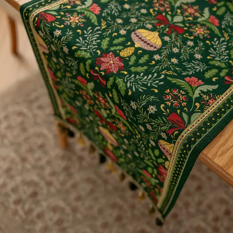 Trenora Christmas Table Runner - Botanical Pattern, Polyester Blend with Decorative Tassels