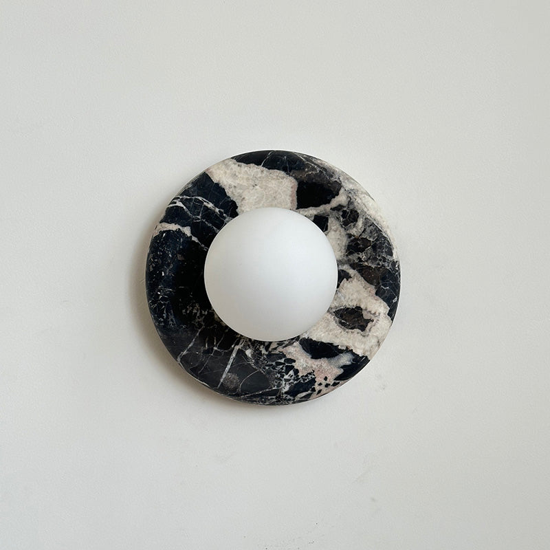Round Glass Wall Sconce with Curved Marble Backplate for Living Room, Bedroom & Hallway – Hardwired Modern Indoor Light Fixture