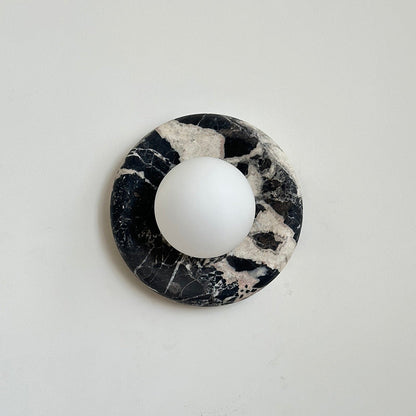 Round Glass Wall Sconce with Curved Marble Backplate for Living Room, Bedroom & Hallway – Hardwired Modern Indoor Light Fixture