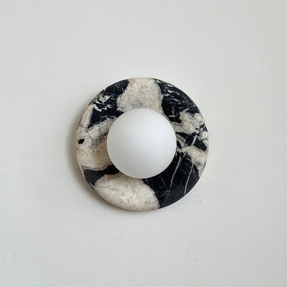 Round Glass Wall Sconce with Curved Marble Backplate for Living Room, Bedroom & Hallway – Hardwired Modern Indoor Light Fixture