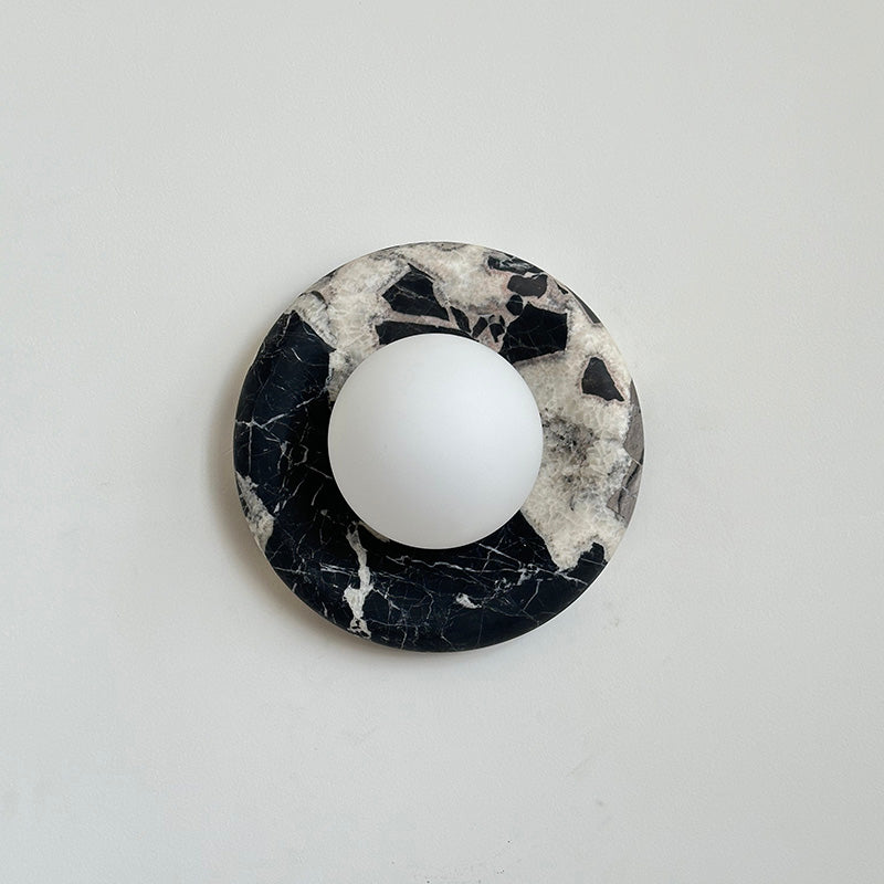 Round Glass Wall Sconce with Curved Marble Backplate for Living Room, Bedroom & Hallway – Hardwired Modern Indoor Light Fixture