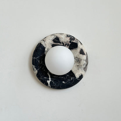 Round Glass Wall Sconce with Curved Marble Backplate for Living Room, Bedroom & Hallway – Hardwired Modern Indoor Light Fixture