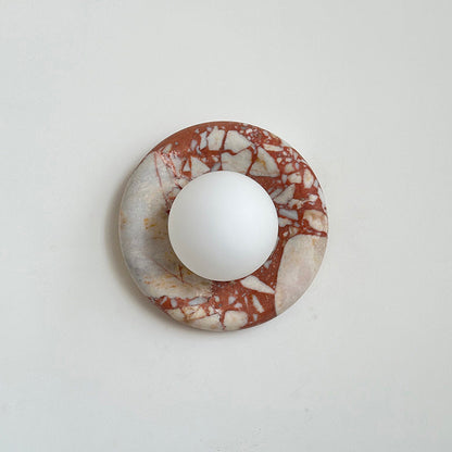 Round Glass Wall Sconce with Curved Marble Backplate for Living Room, Bedroom & Hallway – Hardwired Modern Indoor Light Fixture