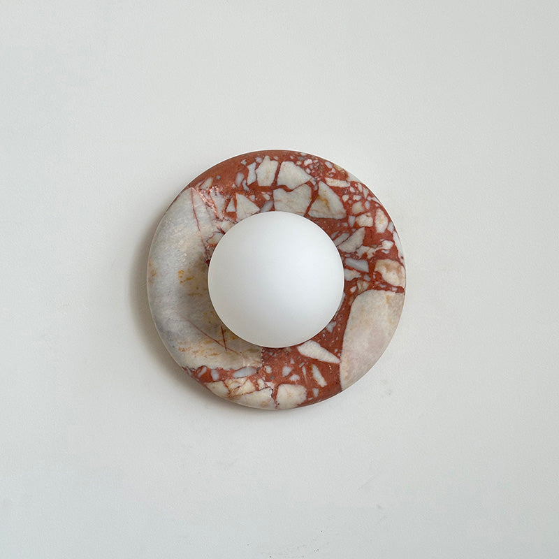 Round Glass Wall Sconce with Curved Marble Backplate for Living Room, Bedroom & Hallway – Hardwired Modern Indoor Light Fixture