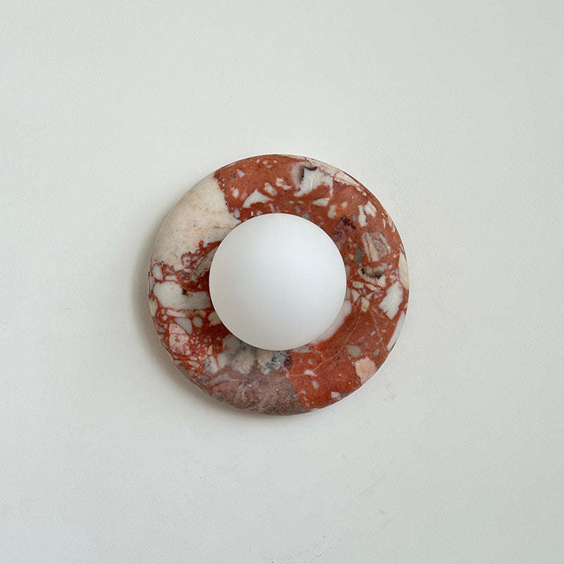 Round Glass Wall Sconce with Curved Marble Backplate for Living Room, Bedroom & Hallway – Hardwired Modern Indoor Light Fixture