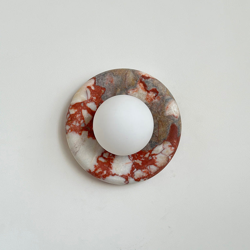 Round Glass Wall Sconce with Curved Marble Backplate for Living Room, Bedroom & Hallway – Hardwired Modern Indoor Light Fixture