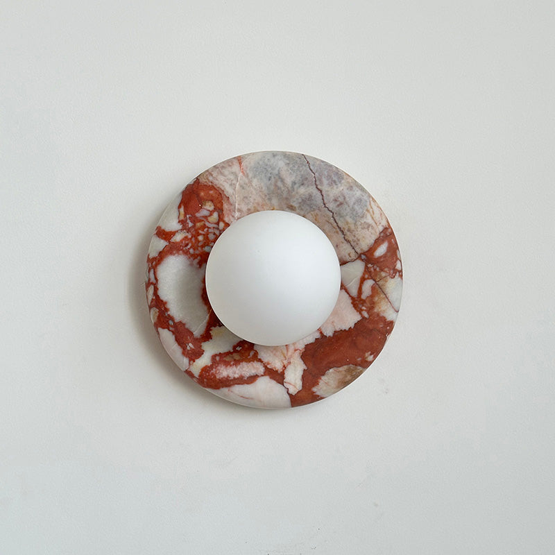Round Glass Wall Sconce with Curved Marble Backplate for Living Room, Bedroom & Hallway – Hardwired Modern Indoor Light Fixture