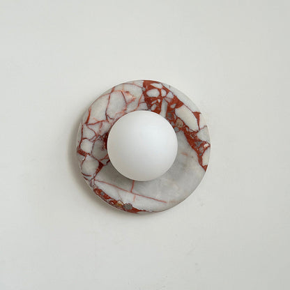Round Glass Wall Sconce with Curved Marble Backplate for Living Room, Bedroom & Hallway – Hardwired Modern Indoor Light Fixture