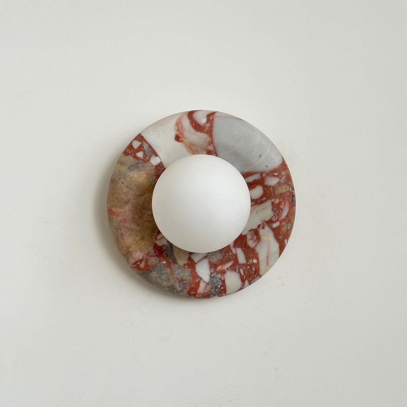 Round Glass Sconce with Natural Stone Backplate – 8-Inch Contemporary Fixture for Entryways, Bedrooms & Corridors