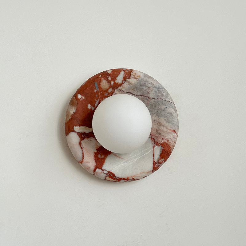 Round Glass Wall Sconce with Curved Marble Backplate for Living Room, Bedroom & Hallway – Hardwired Modern Indoor Light Fixture