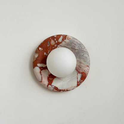 Round Glass Wall Sconce with Curved Marble Backplate for Living Room, Bedroom & Hallway – Hardwired Modern Indoor Light Fixture