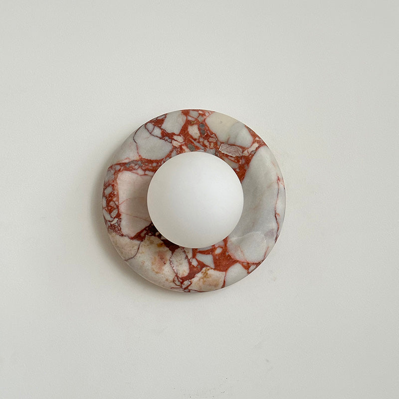 Round Glass Wall Sconce with Curved Marble Backplate for Living Room, Bedroom & Hallway – Hardwired Modern Indoor Light Fixture