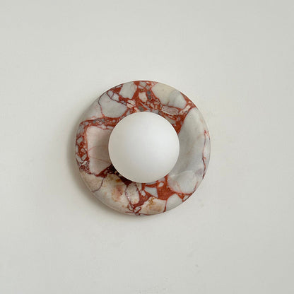 Round Glass Wall Sconce with Curved Marble Backplate for Living Room, Bedroom & Hallway – Hardwired Modern Indoor Light Fixture