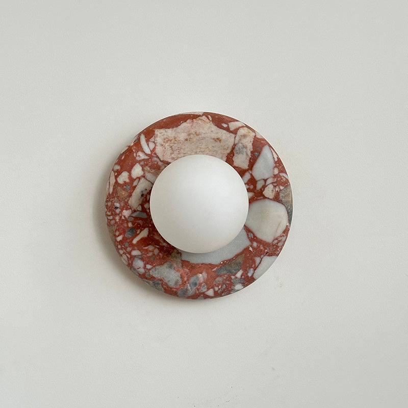Round Glass Wall Sconce with Curved Marble Backplate for Living Room, Bedroom & Hallway – Hardwired Modern Indoor Light Fixture